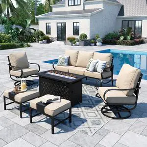 Patio Furniture Sets for 7 with 45" Gas Fire Pit Table Outdoor Conversation Sets 6 Pcs, 2 x Swivel Cushioned Sofa Chairs, 1x3-Seat Sofa, 2xOttomans for Backyard Poolside Beige Patio Furniture Sets for 7 with 45" Gas Fire Pit Table Outdoor Conversation Sets 6 Pcs, 2 x Swivel Cushioned Sofa Chairs, 1x3-Seat Sofa, 2xOttomans for Backyard Poolside Beige