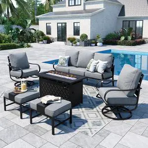 Patio Furniture Sets with 45" Gas Fire Pit Table for 7 Outdoor Conversation Sets 6 Pcs, 2 x Swivel Cushioned Sofa Chairs, 1x3-Seat Sofa, 2xOttomans for Backyard Poolside Grey Patio Furniture Sets with 45" Gas Fire Pit Table for 7 Outdoor Conversation Sets 6 Pcs, 2 x Swivel Cushioned Sofa Chairs, 1x3-Seat Sofa, 2xOttomans for Backyard Poolside Grey