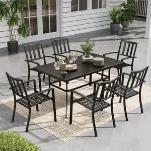 Patio Table and Chairs Set, Outdoor Dining Set for 6, 7 Piece Metal Patio Furniture, 60" Black Rectangular Table(Stripe) Patio Table and Chairs Set, Outdoor Dining Set for 6, 7 Piece Metal Patio Furniture, 60" Black Rectangular Table(Stripe)