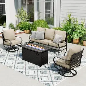 Patio Furniture Sets with 45" Gas Fire Pit Table Outdoor Metal Conversation Sets for 5, 2 x Swivel Cushioned Patio Sofa Chairs, 1 x 3-Seat Sofa 4 Pieces for Lawn Backyard Beige Patio Furniture Sets with 45" Gas Fire Pit Table Outdoor Metal Conversation Sets for 5, 2 x Swivel Cushioned Patio Sofa Chairs, 1 x 3-Seat Sofa 4 Pieces for Lawn Backyard Beige
