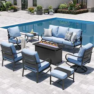 Patio Furniture Sets for 9 with 45" Gas Fire Pit Table Outdoor Conversation Sets 8 Pcs, 2xSofa Chairs, 2xSwivel Cushion Chairs, 1x3-Seat Sofa, 2xOttomans for Porch Poolside Blue Patio Furniture Sets for 9 with 45" Gas Fire Pit Table Outdoor Conversation Sets 8 Pcs, 2xSofa Chairs, 2xSwivel Cushion Chairs, 1x3-Seat Sofa, 2xOttomans for Porch Poolside Blue