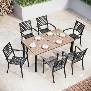Patio Table and Chairs Set, Outdoor Dining Set for 6, 7 Piece Metal Patio Furniture, 60" Rectangular Table with Wood-Like Tabletop(Diamond) Patio Table and Chairs Set, Outdoor Dining Set for 6, 7 Piece Metal Patio Furniture, 60" Rectangular Table with Wood-Like Tabletop(Diamond)