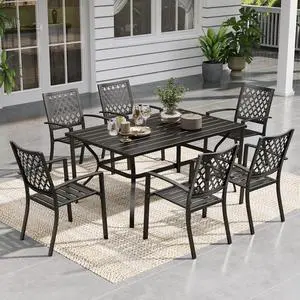 Patio Dining Set Metal Outdoor Table and Chairs Furniture Set 7 Piece, Large 60.2" Dining Table with Umbrella Hole and 6 Backyard Garden Chairs Support 300LBS for Deck, Lawn, Garden Patio Dining Set Metal Outdoor Table and Chairs Furniture Set 7 Piece, Large 60.2" Dining Table with Umbrella Hole and 6 Backyard Garden Chairs Support 300LBS for Deck, Lawn, Garden