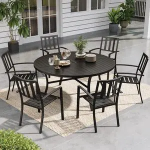 Round Patio Table and Chairs Set, Outdoor Dining Set for 6, 7 Piece Metal Patio Furniture, 54" Black Table(Stripe) Round Patio Table and Chairs Set, Outdoor Dining Set for 6, 7 Piece Metal Patio Furniture, 54" Black Table(Stripe)