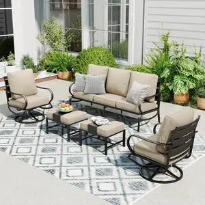 Patio Furniture Sets for 5 Outdoor Metal Conversation Sets 5 Pcs with 2 x Cushioned Swivel Sofa Chairs, 2 x Ottomans as Coffee Table, 1 x 3-Seat Sofa, Lawn Backyard Poolside Beige Patio Furniture Sets for 5 Outdoor Metal Conversation Sets 5 Pcs with 2 x Cushioned Swivel Sofa Chairs, 2 x Ottomans as Coffee Table, 1 x 3-Seat Sofa, Lawn Backyard Poolside Beige