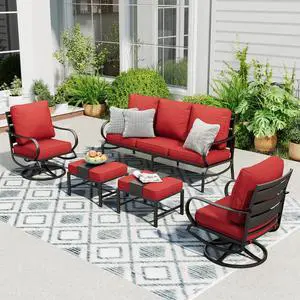 Patio Furniture Sets for 5 Outdoor Metal Conversation Sets 5 Pcs with 2 x Cushioned Swivel Sofa Chairs, 2 x Ottomans as Coffee Table, 1 x 3-Seat Sofa, Lawn Backyard Poolside Red Patio Furniture Sets for 5 Outdoor Metal Conversation Sets 5 Pcs with 2 x Cushioned Swivel Sofa Chairs, 2 x Ottomans as Coffee Table, 1 x 3-Seat Sofa, Lawn Backyard Poolside Red
