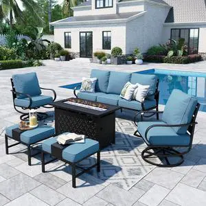 Patio Furniture Sets with 45" Gas Fire Pit Table for 7 Outdoor Conversation Sets 6 Pcs, 2 x Swivel Cushioned Sofa Chairs, 1x3-Seat Sofa, 2xOttomans for Backyard Poolside Navy Patio Furniture Sets with 45" Gas Fire Pit Table for 7 Outdoor Conversation Sets 6 Pcs, 2 x Swivel Cushioned Sofa Chairs, 1x3-Seat Sofa, 2xOttomans for Backyard Poolside Navy