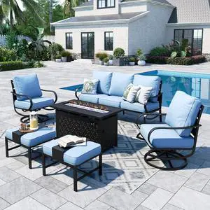 Patio Furniture Sets for 7 with 45" Gas Fire Pit Table Outdoor Conversation Sets 6 Pcs, 2 x Swivel Cushioned Sofa Chairs, 1x3-Seat Sofa, 2xOttomans for Backyard Poolside Blue Patio Furniture Sets for 7 with 45" Gas Fire Pit Table Outdoor Conversation Sets 6 Pcs, 2 x Swivel Cushioned Sofa Chairs, 1x3-Seat Sofa, 2xOttomans for Backyard Poolside Blue