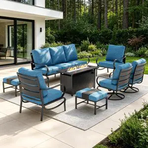 Patio Furniture Sets for 9 with 45" Gas Fire Pit Table Outdoor Conversation Sets, 2xSofa Chairs, 2xSwivel Cushion Chairs, 1x3-Seat Sofa, 2xOttomans for Porch Poolside Peacock Blue Patio Furniture Sets for 9 with 45" Gas Fire Pit Table Outdoor Conversation Sets, 2xSofa Chairs, 2xSwivel Cushion Chairs, 1x3-Seat Sofa, 2xOttomans for Porch Poolside Peacock Blue