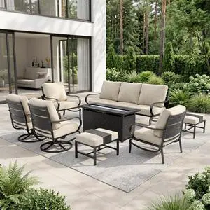 Patio Furniture Sets for 9 with 45" Gas Fire Pit Table Outdoor Conversation Sets 8 Pcs, 2xSofa Chairs, 2xSwivel Cushion Chairs, 1x3-Seat Sofa, 2xOttomans for Porch Poolside Beige Patio Furniture Sets for 9 with 45" Gas Fire Pit Table Outdoor Conversation Sets 8 Pcs, 2xSofa Chairs, 2xSwivel Cushion Chairs, 1x3-Seat Sofa, 2xOttomans for Porch Poolside Beige
