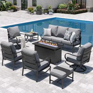 Patio Furniture Sets for 9 with 45" Gas Fire Pit Table Outdoor Conversation Sets 8 Pcs, 2xSofa Chairs, 2xSwivel Cushion Chairs, 1x3-Seat Sofa, 2xOttomans for Porch Poolside Grey Patio Furniture Sets for 9 with 45" Gas Fire Pit Table Outdoor Conversation Sets 8 Pcs, 2xSofa Chairs, 2xSwivel Cushion Chairs, 1x3-Seat Sofa, 2xOttomans for Porch Poolside Grey
