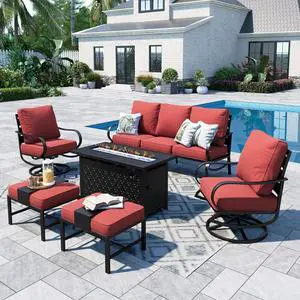 Patio Furniture Sets with 45" Gas Fire Pit Table for 7 Outdoor Conversation Sets 6 Pcs, 2 x Swivel Cushioned Sofa Chairs, 1x3-Seat Sofa, 2xOttomans for Backyard Poolside Red Patio Furniture Sets with 45" Gas Fire Pit Table for 7 Outdoor Conversation Sets 6 Pcs, 2 x Swivel Cushioned Sofa Chairs, 1x3-Seat Sofa, 2xOttomans for Backyard Poolside Red