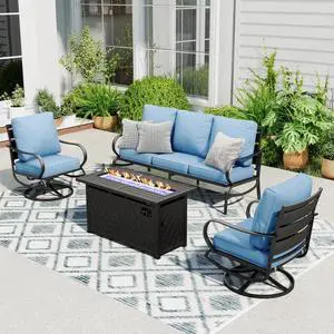 Patio Furniture Sets with 45" Gas Fire Pit Table Outdoor Metal Conversation Sets for 5, 2 x Swivel Cushioned Patio Sofa Chairs, 1 x 3-Seat Sofa 4 Pieces for Lawn Backyard Blue Patio Furniture Sets with 45" Gas Fire Pit Table Outdoor Metal Conversation Sets for 5, 2 x Swivel Cushioned Patio Sofa Chairs, 1 x 3-Seat Sofa 4 Pieces for Lawn Backyard Blue