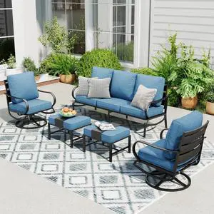 Patio Furniture Sets for 5 Outdoor Metal Conversation Sets 5 Pcs with 2 x Cushioned Swivel Sofa Chairs, 2 x Ottomans as Coffee Table, 1 x 3-Seat Sofa, Lawn Backyard Poolside Navy Patio Furniture Sets for 5 Outdoor Metal Conversation Sets 5 Pcs with 2 x Cushioned Swivel Sofa Chairs, 2 x Ottomans as Coffee Table, 1 x 3-Seat Sofa, Lawn Backyard Poolside Navy