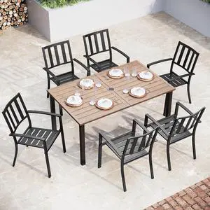 Patio Table and Chairs Set, Outdoor Dining Set for 6, 7 Piece Metal Patio Furniture, 60" Rectangular Table with Wood-Like Tabletop(Stripe) Patio Table and Chairs Set, Outdoor Dining Set for 6, 7 Piece Metal Patio Furniture, 60" Rectangular Table with Wood-Like Tabletop(Stripe)