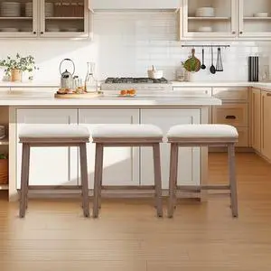 Bar Stools Set of 3, Solid Wood Backless Stools with PU Leather Cushion, 24 Inch Counter Height Upholstered Barstools for Kitchen Island, Creamy White Bar Stools Set of 3, Solid Wood Backless Stools with PU Leather Cushion, 24 Inch Counter Height Upholstered Barstools for Kitchen Island, Creamy White