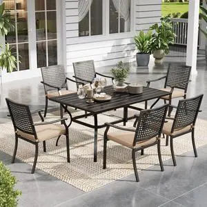 7 Piece Metal Outdoor Patio Dining Bistro Sets with Umbrella Hole, 60" x 37.8" Rectangle Patio Table and 6 Backyard Garden Outdoor Chairs 7 Piece Metal Outdoor Patio Dining Bistro Sets with Umbrella Hole, 60" x 37.8" Rectangle Patio Table and 6 Backyard Garden Outdoor Chairs