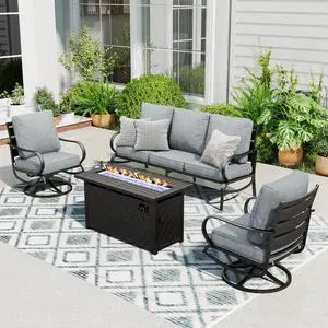 Patio Furniture Sets with 45" Gas Fire Pit Table Outdoor Metal Conversation Sets for 5, 2 x Swivel Cushioned Patio Sofa Chairs, 1 x 3-Seat Sofa 4 Pieces for Lawn Backyard Grey Patio Furniture Sets with 45" Gas Fire Pit Table Outdoor Metal Conversation Sets for 5, 2 x Swivel Cushioned Patio Sofa Chairs, 1 x 3-Seat Sofa 4 Pieces for Lawn Backyard Grey