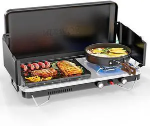 ROVSUN 2-in-1 Portable Camping Stove & Propane Grill with Enamel Griddle & Piezo Igniter, Tabletop Camp Stove with Built-in Handle, Wind Panel & Adapter for Outdoor Camping, Tailgating, Grilling ROVSUN 2-in-1 Portable Camping Stove & Propane Grill with Enamel Griddle & Piezo Igniter, Tabletop Camp Stove with Built-in Handle, Wind Panel & Adapter for Outdoor Camping, Tailgating, Grilling