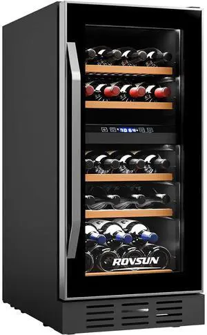 ROVSUN 26 Bottle Wine Fridge, Dual Zone Wine & Beverage Refrigerator w/Independent Temp & LED Control Panel, Built-in/Freestanding/Under Counter Wine Cooler Chiller for Red White Wine/Champagne/Beer ROVSUN 26 Bottle Wine Fridge, Dual Zone Wine & Beverage Refrigerator w/Independent Temp & LED Control Panel, Built-in/Freestanding/Under Counter Wine Cooler Chiller for Red White Wine/Champagne/Beer