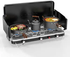 ROVSUN 3 Burner Portable Camping Stove with Igniter, 30000 BTU Propane Camp Stove with Adapter, Built-in Handle & Foldable Wind Panel for Outdoor Camping, Tailgating, Grilling ROVSUN 3 Burner Portable Camping Stove with Igniter, 30000 BTU Propane Camp Stove with Adapter, Built-in Handle & Foldable Wind Panel for Outdoor Camping, Tailgating, Grilling