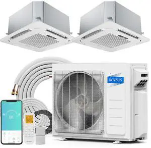 ROVSUN WIFI 18000 BTU Dual Zone (9K/12K) Ceiling Cassette Mini Split AC/Heater with Inverter, 25 SEER2 2 Zone Ductless Air Conditioner with Pre-Charged Condenser, Heat Pump & 25Ft Line Set, 208-230V ROVSUN WIFI 18000 BTU Dual Zone (9K/12K) Ceiling Cassette Mini Split AC/Heater with Inverter, 25 SEER2 2 Zone Ductless Air Conditioner with Pre-Charged Condenser, Heat Pump & 25Ft Line Set, 208-230V