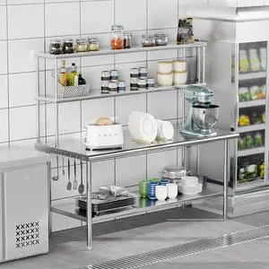 ROVSUN Stainless Steel Table with Overshelves 72" X 30", NSF Commercial Heavy Duty with Adjustable Undershelf & Detachable Hooks, Metal Prep Table for Kitchen, Restaurant, Home, Hotel ROVSUN Stainless Steel Table with Overshelves 72" X 30", NSF Commercial Heavy Duty with Adjustable Undershelf & Detachable Hooks, Metal Prep Table for Kitchen, Restaurant, Home, Hotel