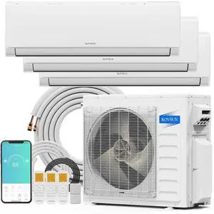 ROVSUN 28000 BTU Tri Zone WIFI Mini Split AC/Heating System, 20 SEER2 3 Zone (12K/12K/12K) BTU Ductless Split Air Conditioner with Pre-Charged Condenser, Heat Pump & 25Ft Line Set, 208-230V ROVSUN 28000 BTU Tri Zone WIFI Mini Split AC/Heating System, 20 SEER2 3 Zone (12K/12K/12K) BTU Ductless Split Air Conditioner with Pre-Charged Condenser, Heat Pump & 25Ft Line Set, 208-230V