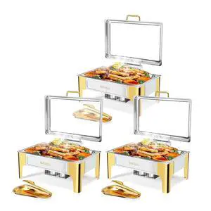 ROVSUN 9QT Chafing Dishes for Buffet, 3 Pack Roll Top Chafing Dish Buffet Set, Chafers and Buffet Warmers Sets with Glass Lid & Serving Tong for Parties Weddings Catering Events, Gold & Silver ROVSUN 9QT Chafing Dishes for Buffet, 3 Pack Roll Top Chafing Dish Buffet Set, Chafers and Buffet Warmers Sets with Glass Lid & Serving Tong for Parties Weddings Catering Events, Gold & Silver