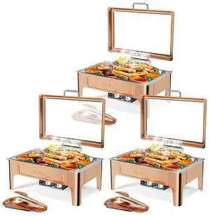 ROVSUN 9QT Chafing Dishes for Buffet,3 Pack Roll Top Chafing Dish Buffet Set,Rectangular Chafers and Buffet Warmers Sets with Glass Lid & Serving Tong for Parties Weddings Catering Events, Rose Gold ROVSUN 9QT Chafing Dishes for Buffet,3 Pack Roll Top Chafing Dish Buffet Set,Rectangular Chafers and Buffet Warmers Sets with Glass Lid & Serving Tong for Parties Weddings Catering Events, Rose Gold