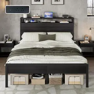 AMERLIFE Full Size Bed Frame with Storage Headboard & Charging Station, Industrial Metal Platform Bed with Large Under-Bed Storage, Heavy Duty Slats, No Box Spring Needed, Black AMERLIFE Full Size Bed Frame with Storage Headboard & Charging Station, Industrial Metal Platform Bed with Large Under-Bed Storage, Heavy Duty Slats, No Box Spring Needed, Black