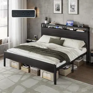 AMERLIFE King Size Bed Frame with Storage Headboard & Charging Station, Industrial Metal Platform Bed with Large Under-Bed Storage, Heavy Duty Slats, No Box Spring Needed, Black AMERLIFE King Size Bed Frame with Storage Headboard & Charging Station, Industrial Metal Platform Bed with Large Under-Bed Storage, Heavy Duty Slats, No Box Spring Needed, Black