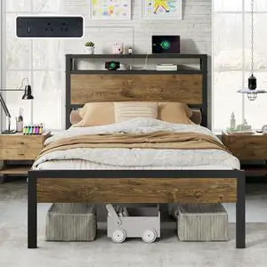 AMERLIFE Twin Size Bed Frame with Storage Headboard & Charging Station, Industrial Metal Platform Bed with Large Under-Bed Storage, Heavy Duty Slats, No Box Spring Needed, Rustic Brown AMERLIFE Twin Size Bed Frame with Storage Headboard & Charging Station, Industrial Metal Platform Bed with Large Under-Bed Storage, Heavy Duty Slats, No Box Spring Needed, Rustic Brown