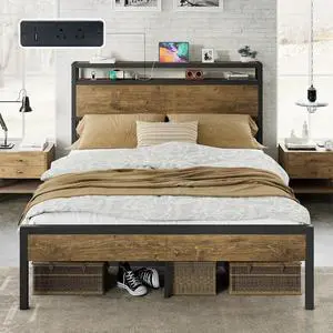 AMERLIFE Full Size Bed Frame with Storage Headboard & Charging Station, Industrial Metal Platform Bed with Large Under-Bed Storage, Heavy Duty Slats, No Box Spring Needed, Rustic Brown AMERLIFE Full Size Bed Frame with Storage Headboard & Charging Station, Industrial Metal Platform Bed with Large Under-Bed Storage, Heavy Duty Slats, No Box Spring Needed, Rustic Brown
