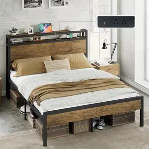 AMERLIFE Queen Size Bed Frame with Storage Headboard & Charging Station, Industrial Metal Platform Bed with Large Under-Bed Storage, Heavy Duty Slats, No Box Spring Needed, Rustic Brown AMERLIFE Queen Size Bed Frame with Storage Headboard & Charging Station, Industrial Metal Platform Bed with Large Under-Bed Storage, Heavy Duty Slats, No Box Spring Needed, Rustic Brown