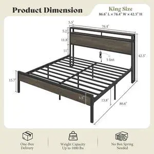AMERLIFE King Size Bed Frame with Storage Headboard & Charging Station, Industrial Metal Platform Bed with Large Under-Bed Storage, Heavy Duty Slats, No Box Spring Needed, Rustic Grey AMERLIFE King Size Bed Frame with Storage Headboard & Charging Station, Industrial Metal Platform Bed with Large Under-Bed Storage, Heavy Duty Slats, No Box Spring Needed, Rustic Grey