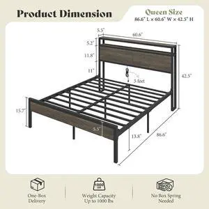 AMERLIFE Queen Size Bed Frame with Storage Headboard & Charging Station, Industrial Metal Platform Bed with Large Under-Bed Storage, Heavy Duty Slats, No Box Spring Needed, Rustic Grey AMERLIFE Queen Size Bed Frame with Storage Headboard & Charging Station, Industrial Metal Platform Bed with Large Under-Bed Storage, Heavy Duty Slats, No Box Spring Needed, Rustic Grey