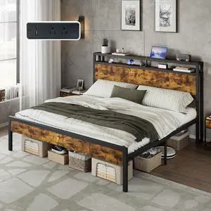 AMERLIFE King Size Bed Frame with Storage Headboard & Charging Station, Industrial Metal Platform Bed with Large Under-Bed Storage, Heavy Duty Slats, No Box Spring Needed, Dark Brown AMERLIFE King Size Bed Frame with Storage Headboard & Charging Station, Industrial Metal Platform Bed with Large Under-Bed Storage, Heavy Duty Slats, No Box Spring Needed, Dark Brown