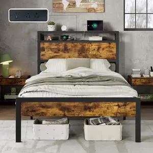 AMERLIFE Twin Size Bed Frame with Storage Headboard & Charging Station, Industrial Metal Platform Bed with Large Under-Bed Storage, Heavy Duty Slats, No Box Spring Needed, Dark Brown AMERLIFE Twin Size Bed Frame with Storage Headboard & Charging Station, Industrial Metal Platform Bed with Large Under-Bed Storage, Heavy Duty Slats, No Box Spring Needed, Dark Brown