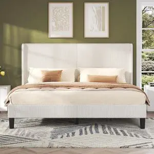 AMERLIFE Queen Bed Frame, Easy Assembly Modern White Bed Frame with Wooden Slats Support, Upholstered Platform Bed with Corduroy Headboard, No Box Spring Needed, 8" Under-Bed Storage Clearance AMERLIFE Queen Bed Frame, Easy Assembly Modern White Bed Frame with Wooden Slats Support, Upholstered Platform Bed with Corduroy Headboard, No Box Spring Needed, 8" Under-Bed Storage Clearance