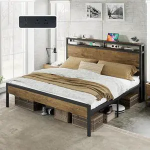 AMERLIFE King Size Bed Frame with Storage Headboard & Charging Station, Industrial Metal Platform Bed with Large Under-Bed Storage, Heavy Duty Slats, No Box Spring Needed, Rustic Brown AMERLIFE King Size Bed Frame with Storage Headboard & Charging Station, Industrial Metal Platform Bed with Large Under-Bed Storage, Heavy Duty Slats, No Box Spring Needed, Rustic Brown