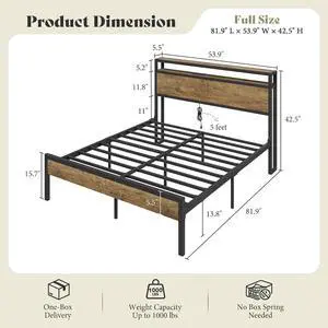AMERLIFE Full Size Bed Frame with Storage Headboard & Charging Station, Industrial Metal Platform Bed with Large Under-Bed Storage, Heavy Duty Slats, No Box Spring Needed, Rustic Grey AMERLIFE Full Size Bed Frame with Storage Headboard & Charging Station, Industrial Metal Platform Bed with Large Under-Bed Storage, Heavy Duty Slats, No Box Spring Needed, Rustic Grey