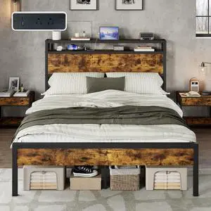 AMERLIFE Full Size Bed Frame with Storage Headboard & Charging Station, Industrial Metal Platform Bed with Large Under-Bed Storage, Heavy Duty Slats, No Box Spring Needed, Dark Brown AMERLIFE Full Size Bed Frame with Storage Headboard & Charging Station, Industrial Metal Platform Bed with Large Under-Bed Storage, Heavy Duty Slats, No Box Spring Needed, Dark Brown