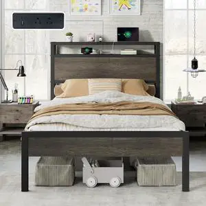 AMERLIFE Twin Size Bed Frame with Storage Headboard & Charging Station, Industrial Metal Platform Bed with Large Under-Bed Storage, Heavy Duty Slats, No Box Spring Needed, Rustic Grey AMERLIFE Twin Size Bed Frame with Storage Headboard & Charging Station, Industrial Metal Platform Bed with Large Under-Bed Storage, Heavy Duty Slats, No Box Spring Needed, Rustic Grey