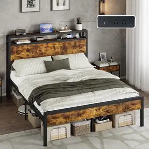 AMERLIFE Queen Size Bed Frame with Storage Headboard & Charging Station, Industrial Metal Platform Bed with Large Under-Bed Storage, Heavy Duty Slats, No Box Spring Needed, Dark Brown AMERLIFE Queen Size Bed Frame with Storage Headboard & Charging Station, Industrial Metal Platform Bed with Large Under-Bed Storage, Heavy Duty Slats, No Box Spring Needed, Dark Brown