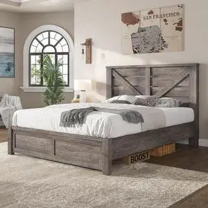 AMERLIFE Full Size Bed Frame with 49.2" Barn Door Headboard and Footboard, Farmhouse Platform Bed Frame with Wood Slats, No Box Spring Needed, Under Bed Storage, Rustic Gray AMERLIFE Full Size Bed Frame with 49.2" Barn Door Headboard and Footboard, Farmhouse Platform Bed Frame with Wood Slats, No Box Spring Needed, Under Bed Storage, Rustic Gray