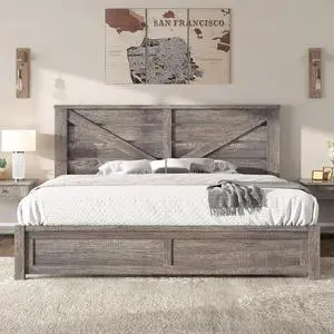 AMERLIFE King Size Bed Frame with 49.2" Barn Door Headboard and Footboard, Farmhouse Platform Bed Frame with Wood Slats, No Box Spring Needed, Under Bed Storage, Rustic Gray AMERLIFE King Size Bed Frame with 49.2" Barn Door Headboard and Footboard, Farmhouse Platform Bed Frame with Wood Slats, No Box Spring Needed, Under Bed Storage, Rustic Gray