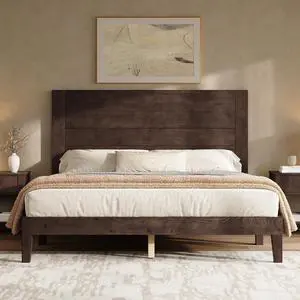 AMERLIFE Queen Size Bed Frame with 48" Tall Headboard, Mid Century Modern Solid Wood Platform Bed with Silent Wood Slat System, No Box Spring Needed, Under-Bed Storage, Dark Walnut AMERLIFE Queen Size Bed Frame with 48" Tall Headboard, Mid Century Modern Solid Wood Platform Bed with Silent Wood Slat System, No Box Spring Needed, Under-Bed Storage, Dark Walnut