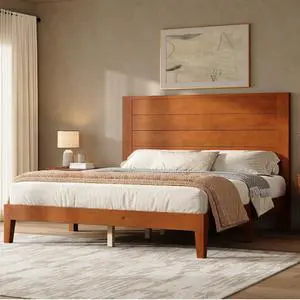AMERLIFE Full Size Bed Frame with 48" Tall Headboard, Mid Century Modern Solid Wood Platform Bed with Silent Wood Slat System, No Box Spring Needed, Under-Bed Storage, Brown AMERLIFE Full Size Bed Frame with 48" Tall Headboard, Mid Century Modern Solid Wood Platform Bed with Silent Wood Slat System, No Box Spring Needed, Under-Bed Storage, Brown