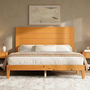 AMERLIFE Full Size Bed Frame with 48" Tall Headboard, Mid Century Modern Solid Wood Platform Bed with Silent Wood Slat System, No Box Spring Needed, Under-Bed Storage, Natural AMERLIFE Full Size Bed Frame with 48" Tall Headboard, Mid Century Modern Solid Wood Platform Bed with Silent Wood Slat System, No Box Spring Needed, Under-Bed Storage, Natural